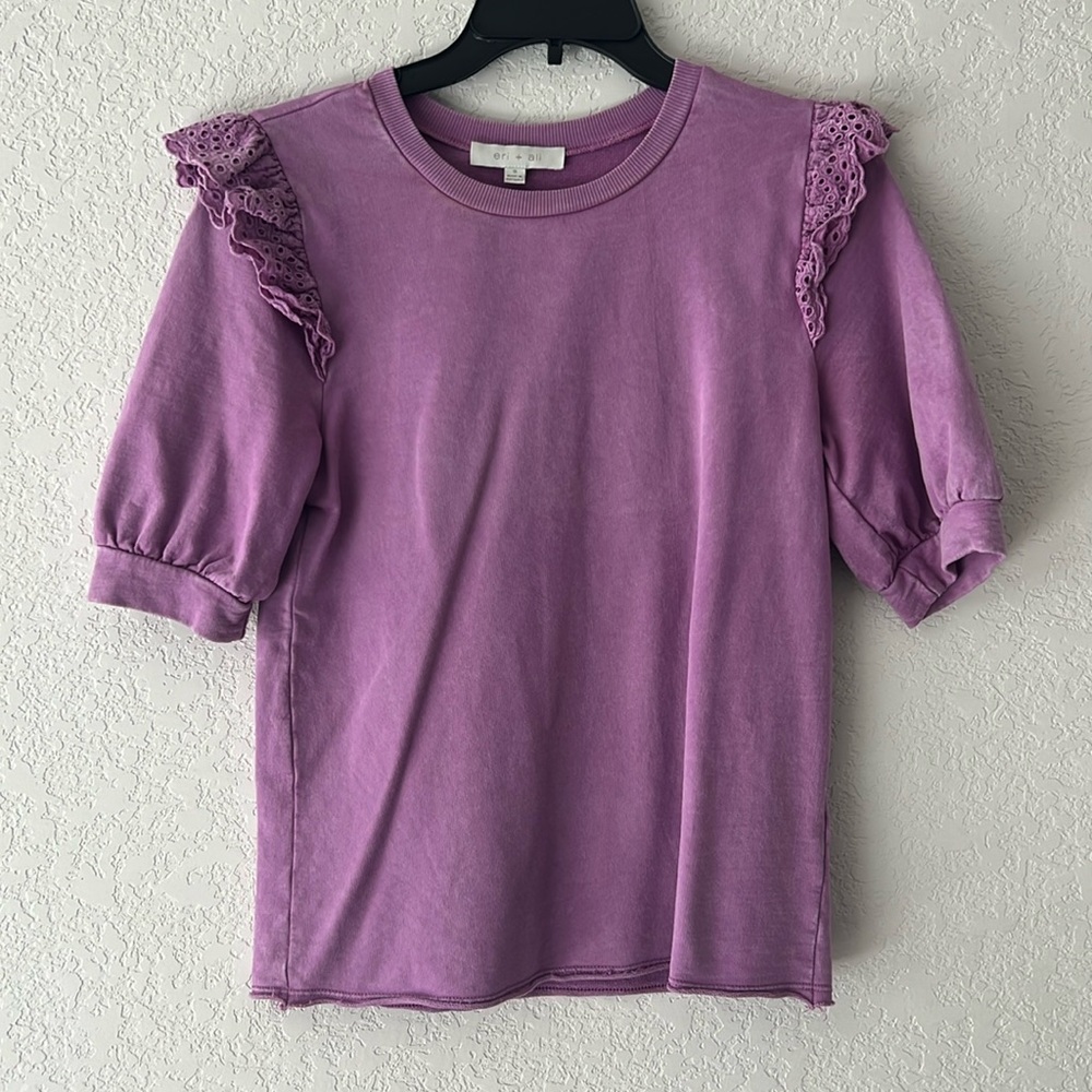 Purple Puff Sleeve Tee with Lace Shoulder Trim